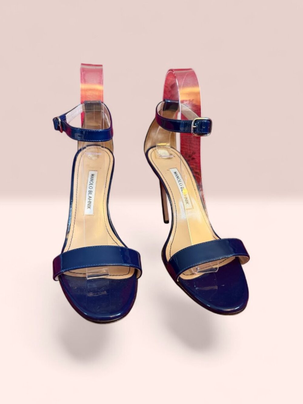 Manolo Blahnik "Chaos" Navy Blue Patent Leather Ankle Strap Sandals Sz 39.5 (9)
